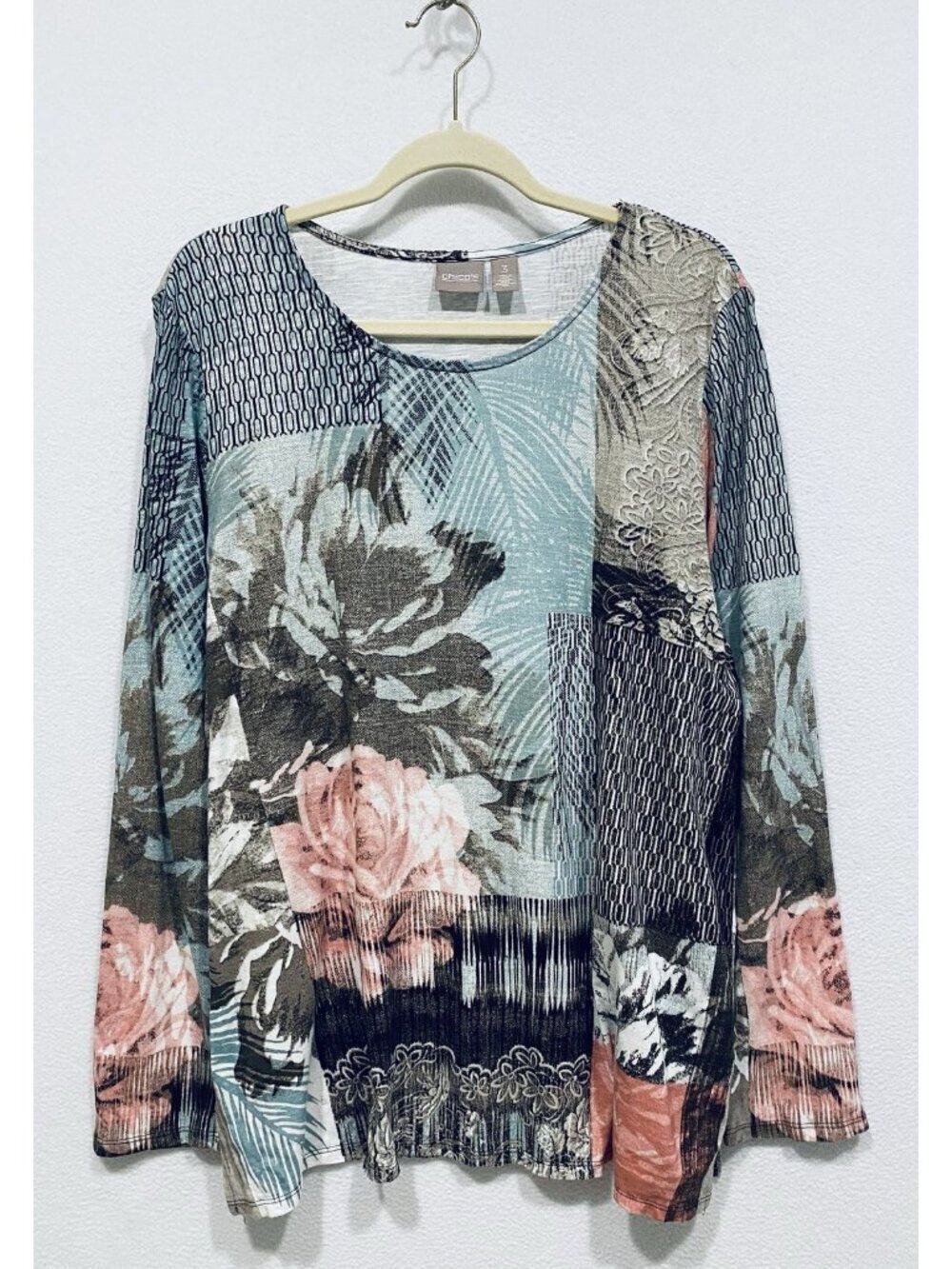 Chicos Top Womens XL Multicolor Artsy Boho Floral Patchwork Knit Long Sleeve